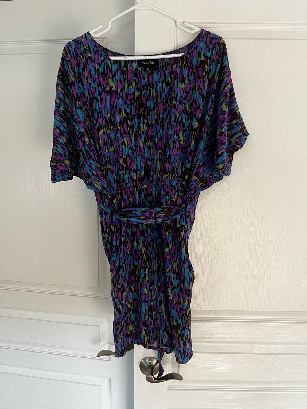charlie jade Purple, Blue & Green Printed Midi Dress with Waist Tie